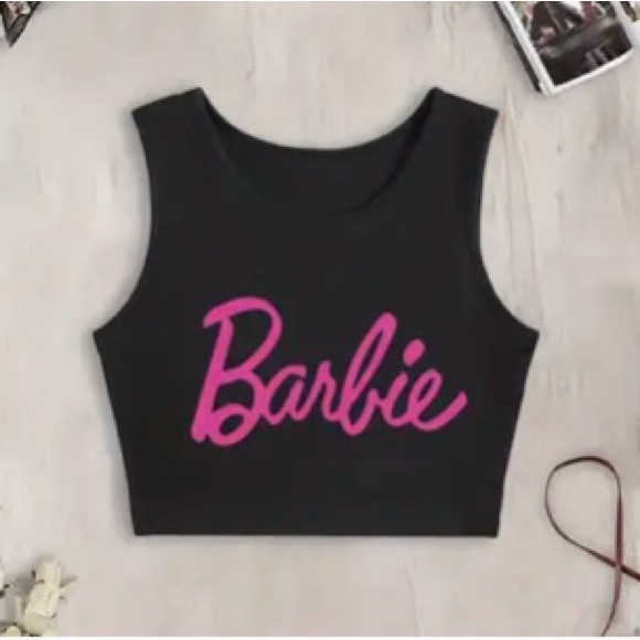 Barbie Black Crop Top with Pink Logo - Picture 1 of 3
